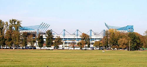 Wisla Krakow football arena viewed from the Blonia common