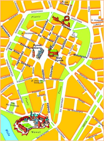 Map of the Old Town historic district of Krakow